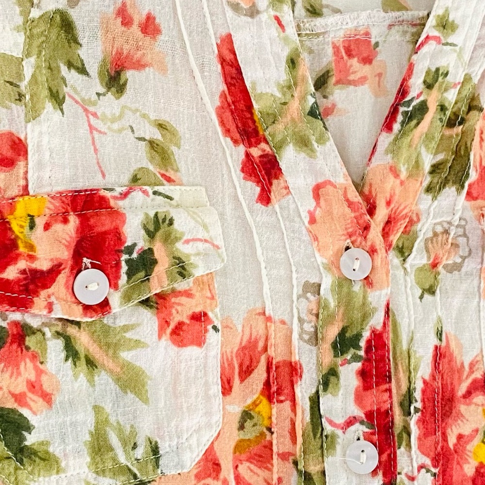 Love Potion Floral Lightweight Button-Up Blouse Fall Vibrant Coral Green Pintuck - Picture 2 of 8